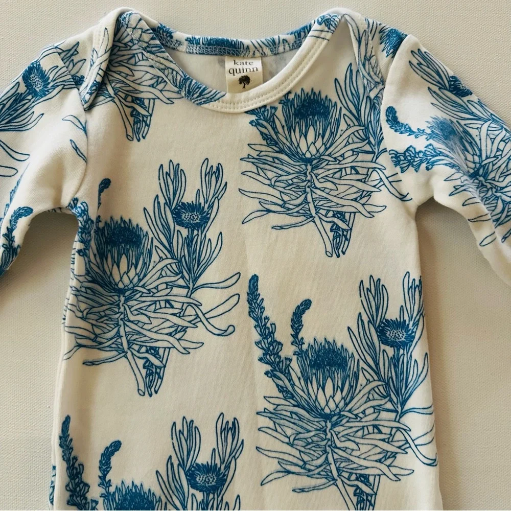 Kate Quinn 0-3 Months Baby Girl Blue White Floral Knot Nightgown Organic Cotton